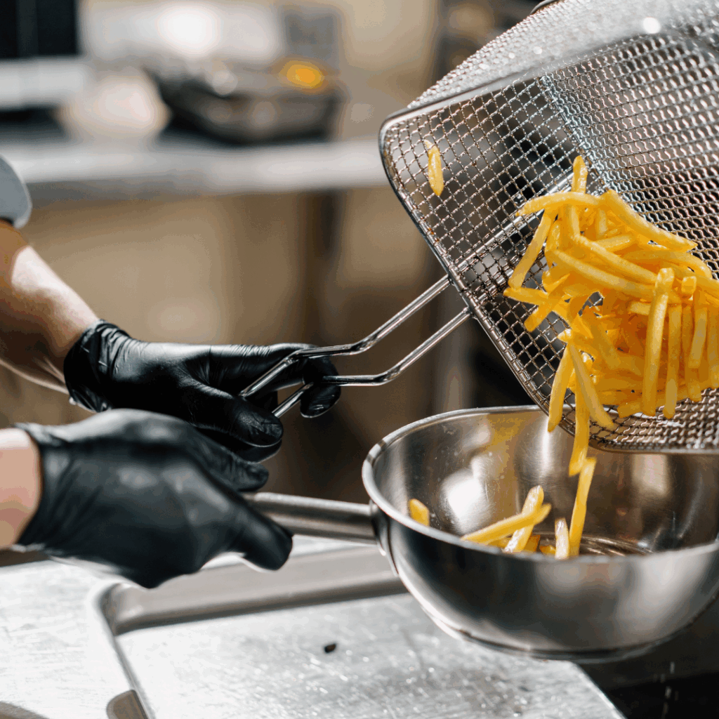 Cooked chips being poured into bowl