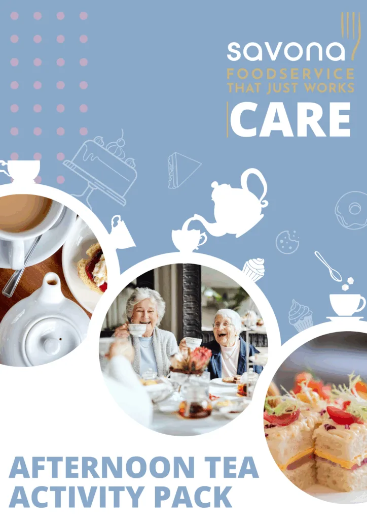 Afternoon Tea Week front cover, showing teacups, two elderly ladies drinking tea and laughing, and a selection of finger sandwiches.