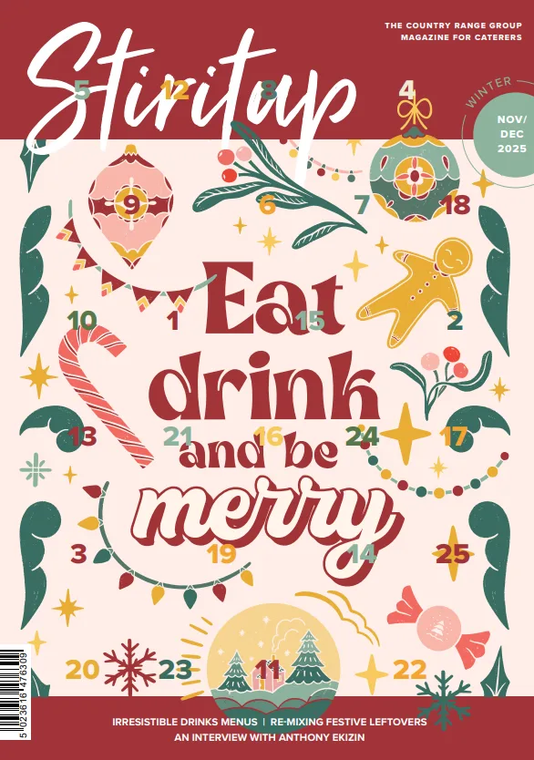 Stir It Up Nov/Dec Cover, showing eat drink and be merry alongside candy canes, baubles and gingerbread men.